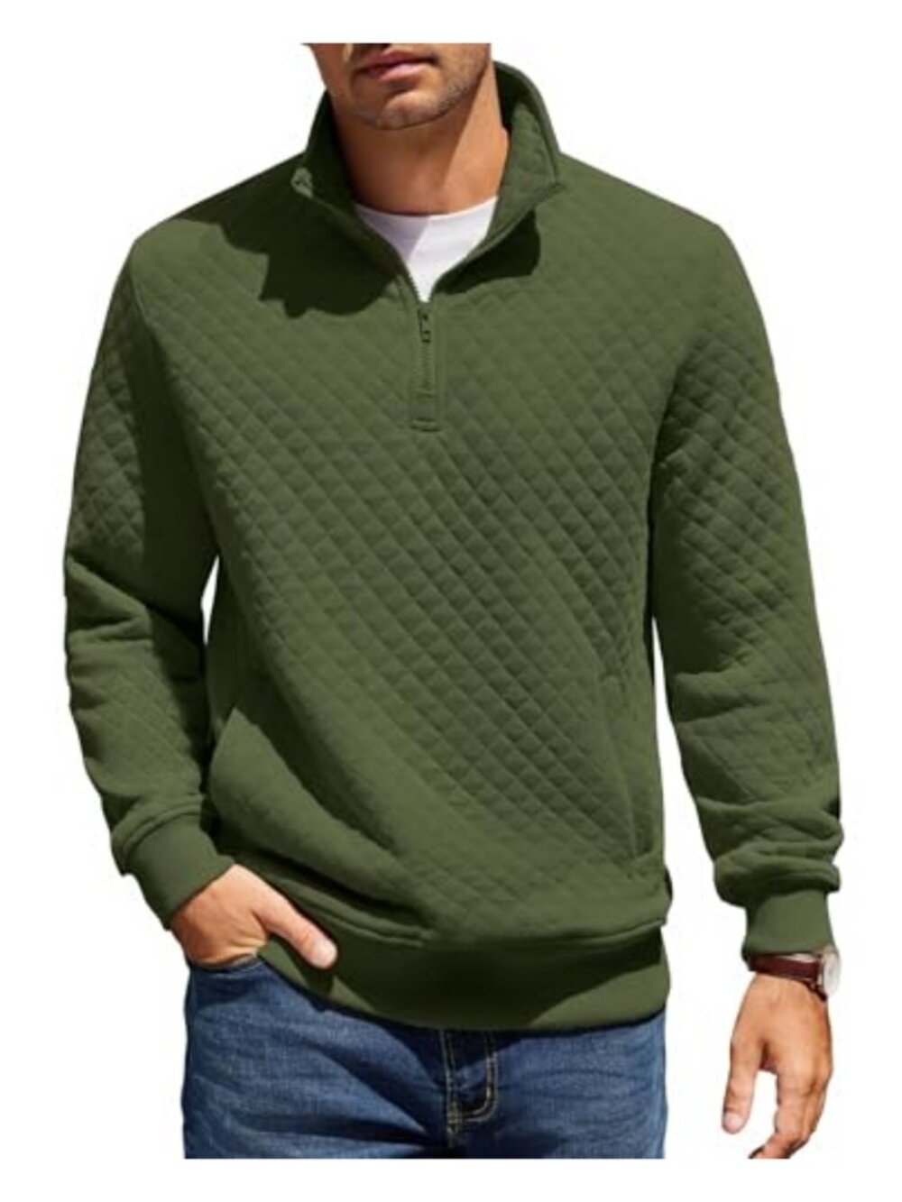 Men's Quarter Zip Pullover Quilted Knit Long Sleeve Mock Neck Sweater with